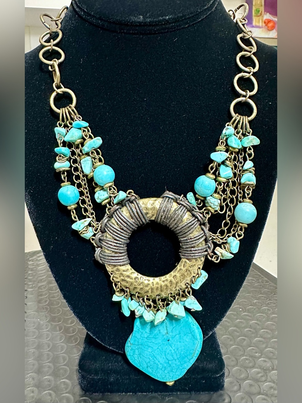 Bohemian Turquoise Statement Necklace - Brand Unknown MCM Brass Hammered Ring